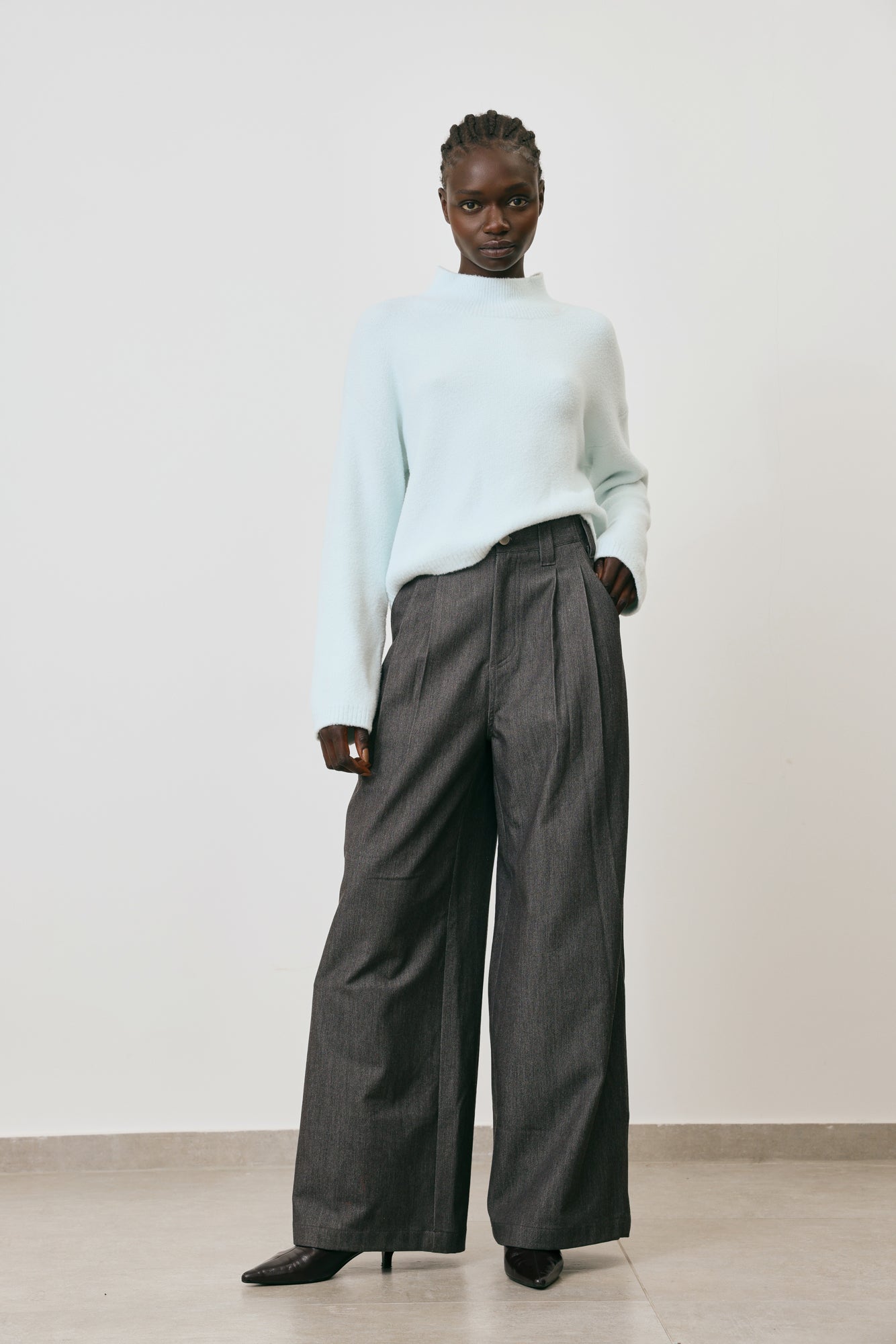 Pleated Wide Leg Denim