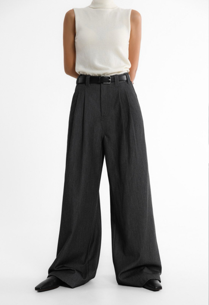 Pleated Denim Wide-Leg Trousers