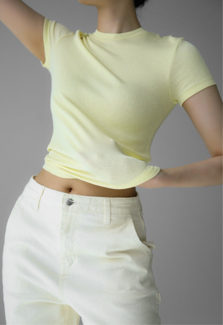 Ribbed Slim Crewneck T-Shirt - yellow