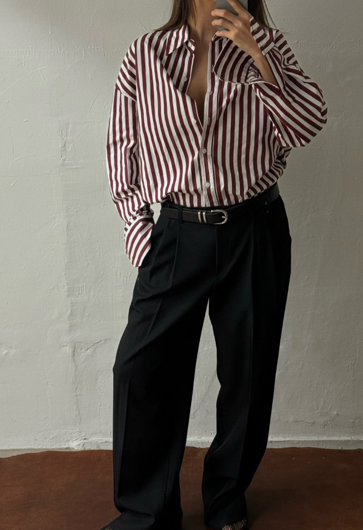 Jenna Striped Poplin Shirt - Burgundy/White