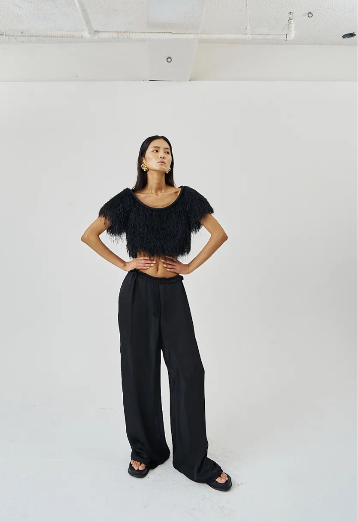 Relaxed black Satin Striped Wide Pants