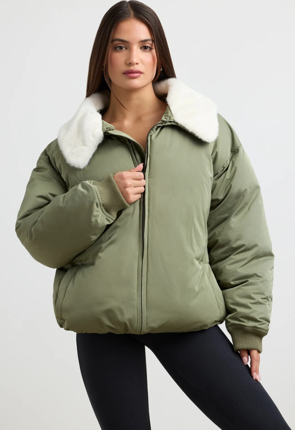 Puffy Oversized Bomber
 Jacket in Deep Olive