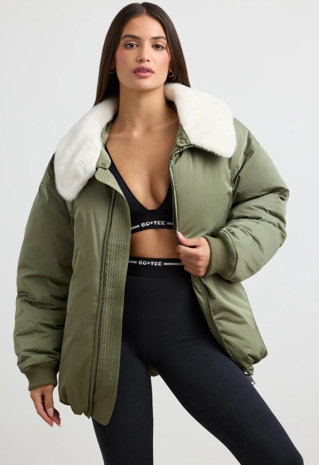 Puffy Oversized Bomber
 Jacket in Deep Olive