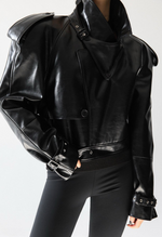 Belted Buckle black Chunky Cropped Leather Trench Jacket